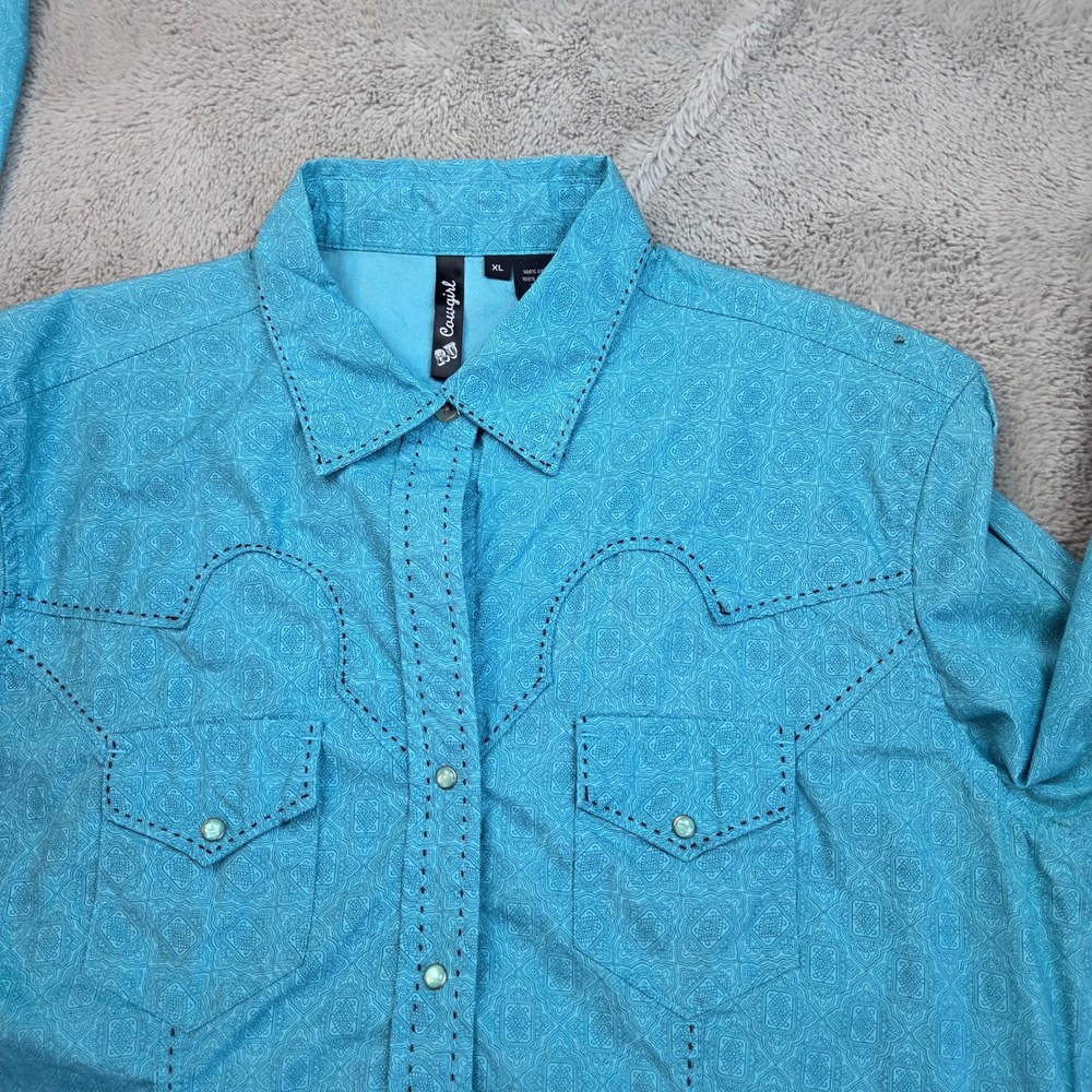 RU Cowgirl Western Snap Shirt Women‎ XL Turquoise Paisley Long Sleeve Cotton
